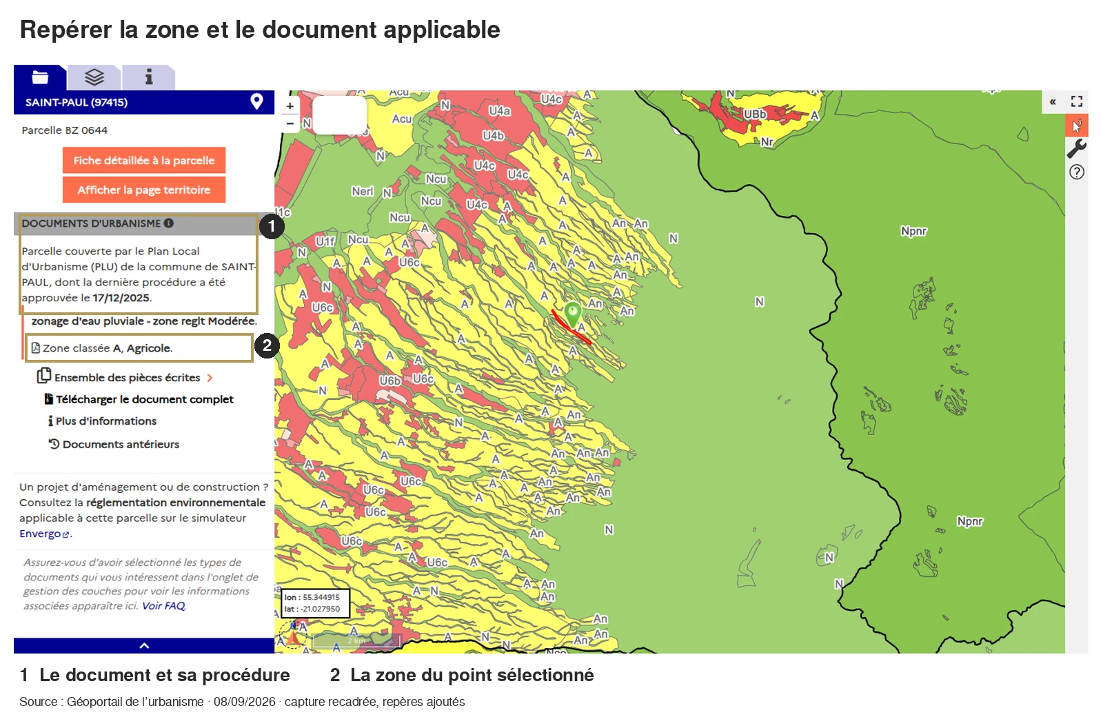 Capture du Géoportail de l’urbanisme à Saint-Paul : repères ajoutés sur le document applicable et la zone du point sélectionné.