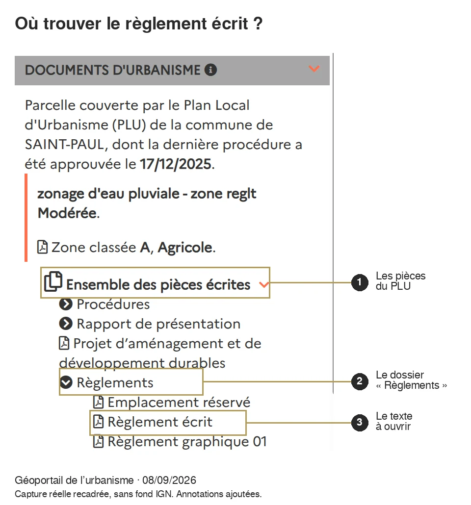 Dans le Géoportail de l’urbanisme : ouvrir Ensemble des pièces écrites, puis Règlements et Règlement écrit.